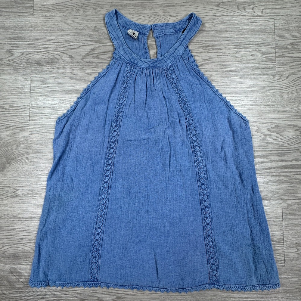 Blanco Women's Tank‎ Top Halter Crochet Lace Boho Blue Large Cotton Gauze